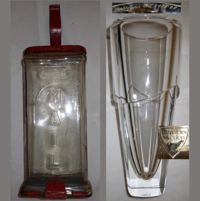 Vintage Glass Visible Mail Box and Excellent Orrefors Tall Vase