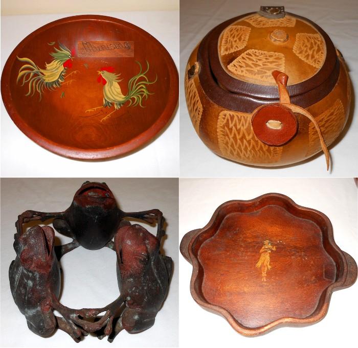 Wooden Bowl, Wooden Tray with Hawaiian Hula Dancer playing a Ukulele and Coconut purse with metal frog friends 