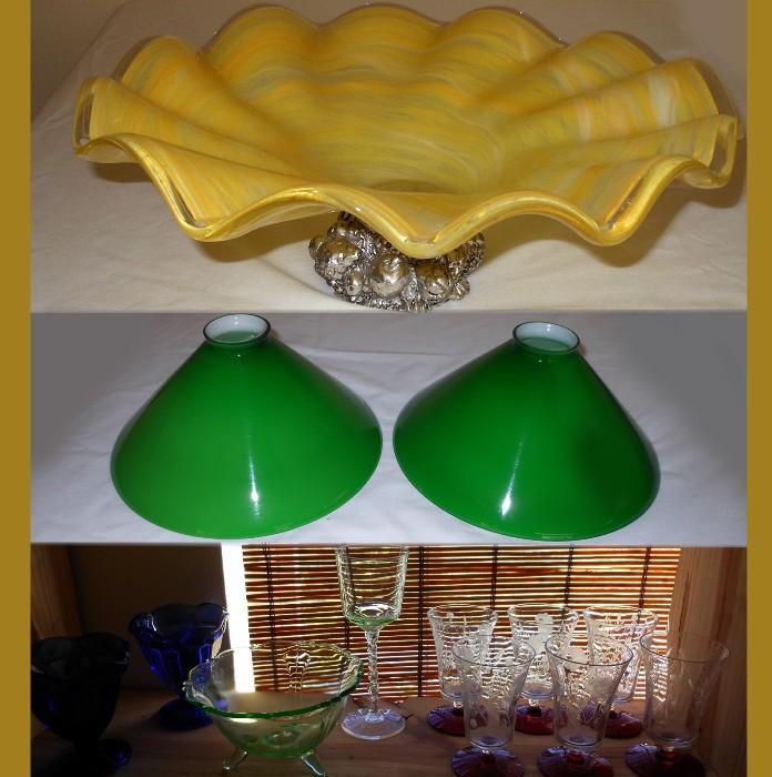 Murano type Stemmed Platter, pair of Mid Century Modern Cased Glass Lamp Shades, Vaseline Glass and more