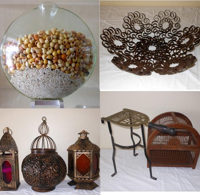 Cool Bowl of Shells, Metal Bowl, Metal Lanterns, Fireplace Kettle Stand and Wooden Birdcage 