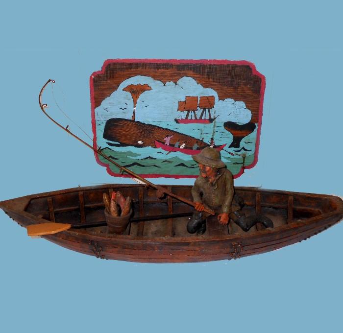 Fisherman in Boat with Fish and Hand Painted on Board Whale