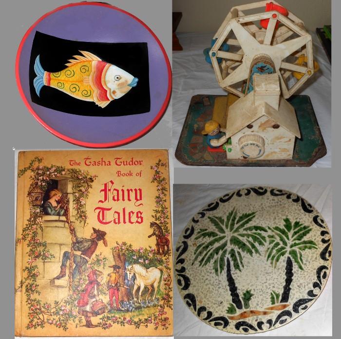 Fish Bowl, Old Ferris Wheel Toy, Tasha Tudor Book of Fairy Tales and Palm Tile Trivet 