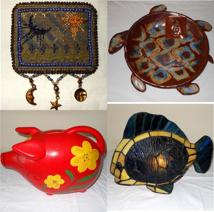 Small Needlepoint Pin, Signed Pottery Turtle, Red Piggy Bank and Fish Lamp