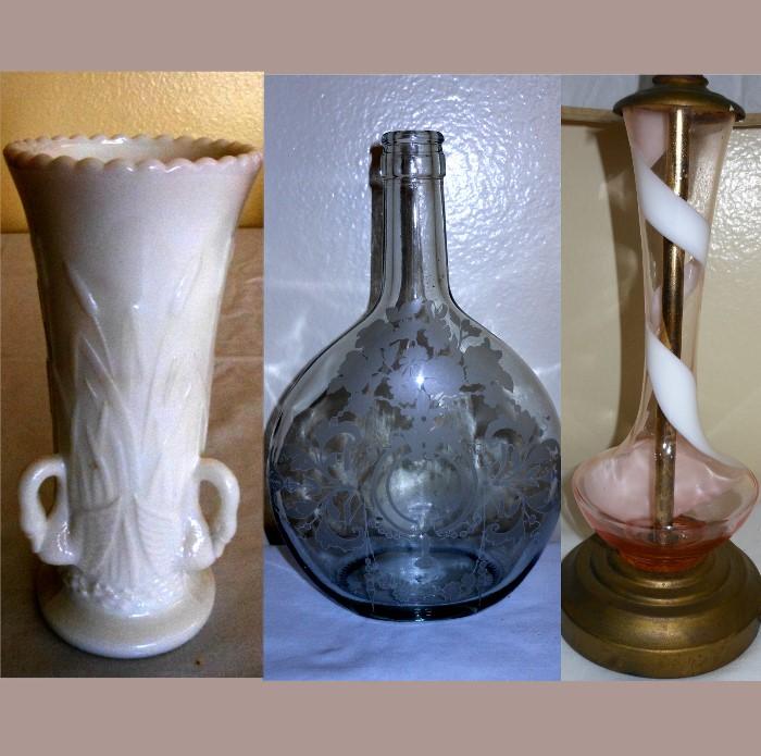 Westmoreland Milk Glass Vase, Etched Bottle and Ribbon Glass Lamp