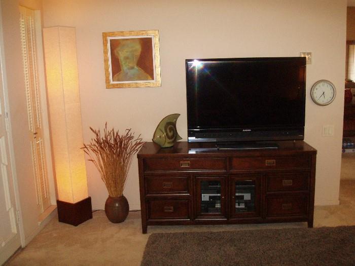 Fabric Floor Lamp, Television 3 Yr. Old Cabinet, Pottery Fish, Axton Framed Art