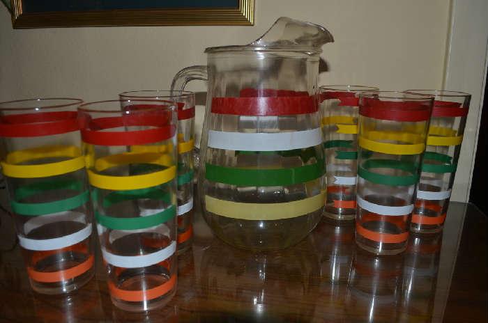 Old complete set of stripped glasses & pitcher