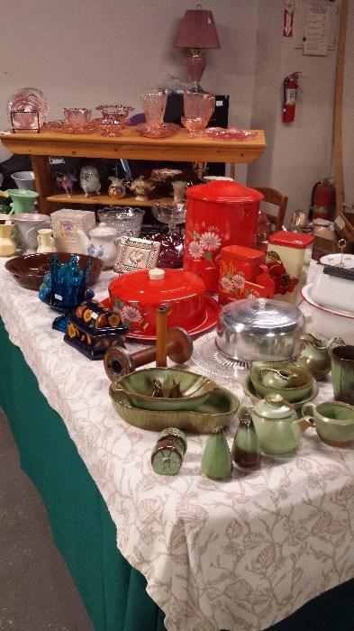 Much Prairie Green Frankoma- Salt and peppers, tea pot, sugar and creamers, cups, bowls and glasses