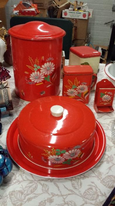 Nice selection Ransburg painted metalware. 2 piece Cake plate w/ top NEVER USED!! Trash can w/ lid all like new