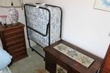Folding bed, antique tile top hope chest, set of very narrow drawers.