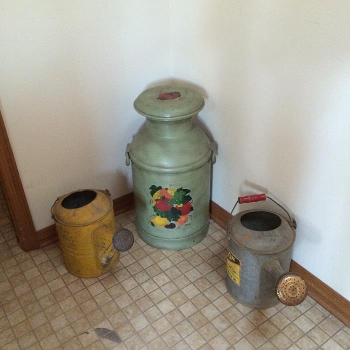 vintage galvanized watering cans and early original metal milk jug 