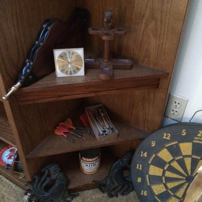 vintage wrought iron roosters, vintage darts, NOS feather darts, vintage pipe stand, vintage bellows