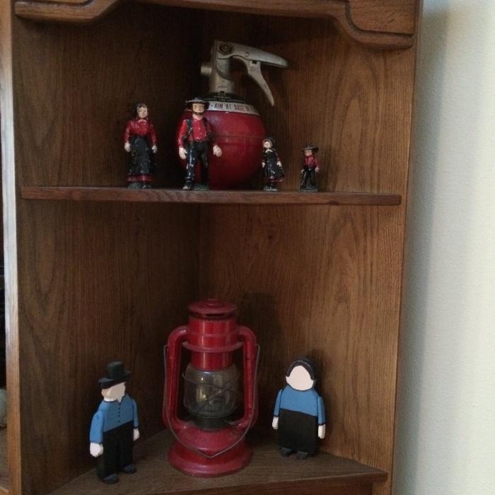 Vintage marine fire extinguisher, vintage cast iron amish family, vintage Chalwyn lantern, folk art wood Amish