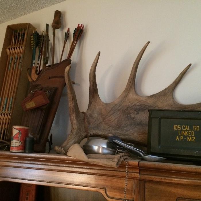 moose antler, vintage ammo box, antique leather quiver, vintage mess kit