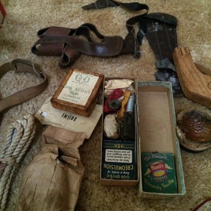 Antique Leather Quiver, Bow, Arrows and accessories 