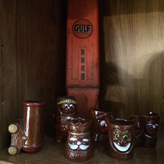 vintage gulf oil paper cup dispenser, pottery shot glass set