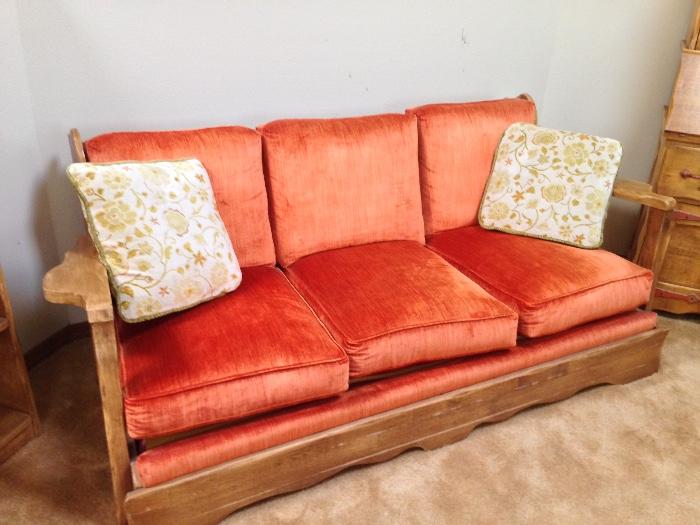vintage all wood sofa orange cushions