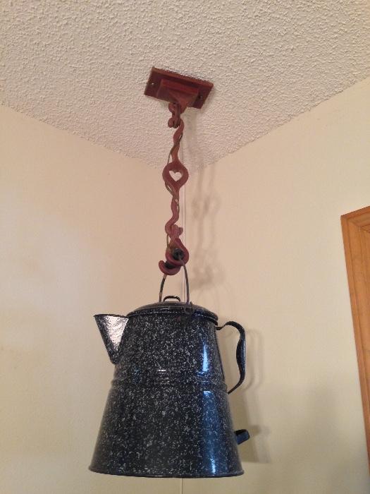 folk art wooden hook chain with heart link, vintage blue enamelware camp coffee pot