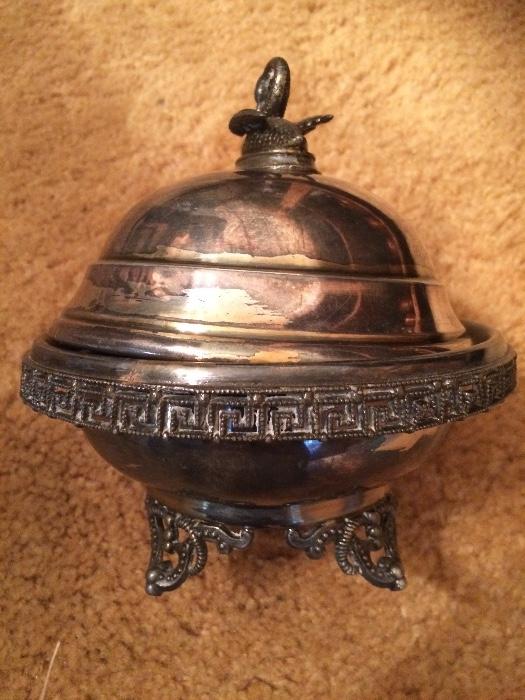 antique meridian silver plate ornate butter dish with swan