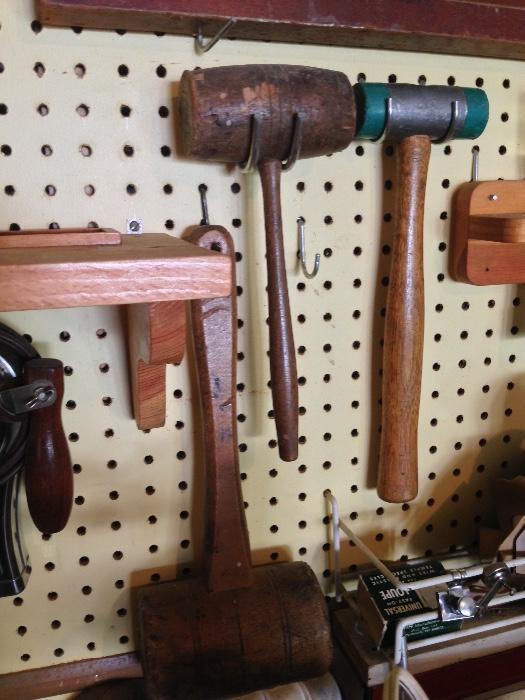 antique wooden mallets, primitive tools