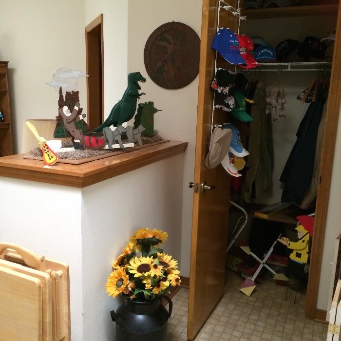 entrance hall, whirligigs, jackets, hats, vintage woodworking magazines