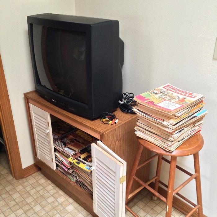 t.v., tv stand, vintage woodcrafting magazines