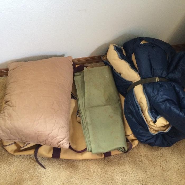camping duffle bag, ground sheet, pillow, sleeping bag