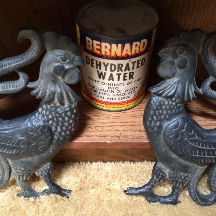 vintage cast iron roosters, can of dehydrated water