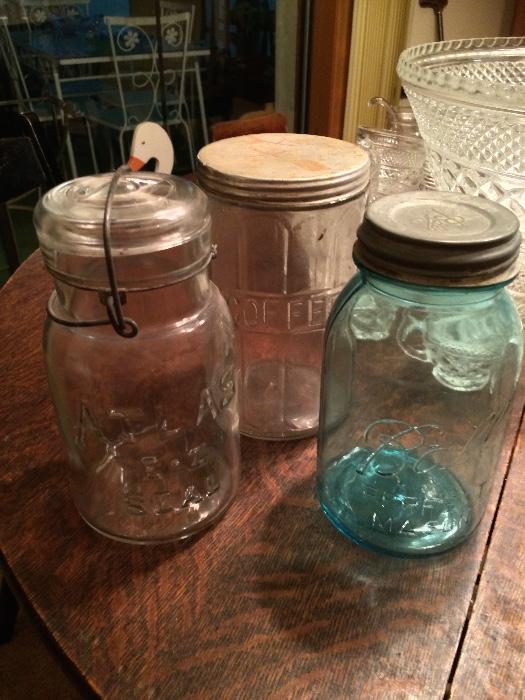 antique coffee canister, blue ball canning jar, antique atlas e-z seal canning jar