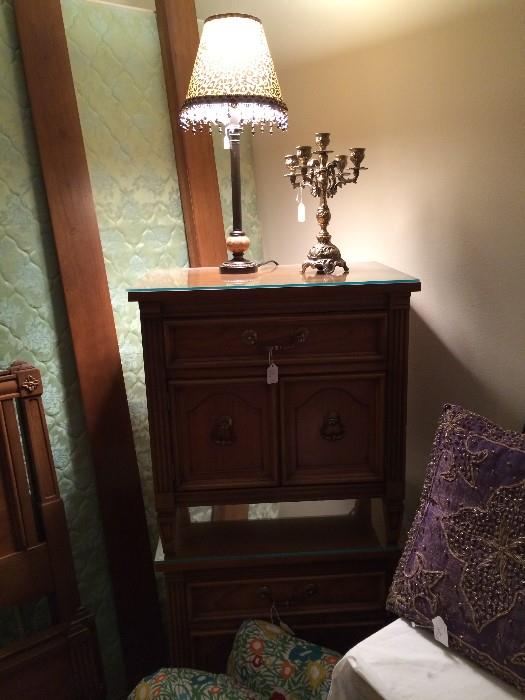 Two night stands (stacked) with matching twin beds, chest, & dresser