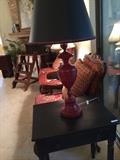      One-drawer side table & decorative red lamp
