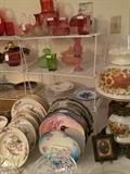   Variety of glassware, decorative plates, & lamps