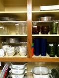     Variety of dishes, Corning ware, and glassware