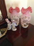 Nice vases, pink with satin overlay, gold enamel