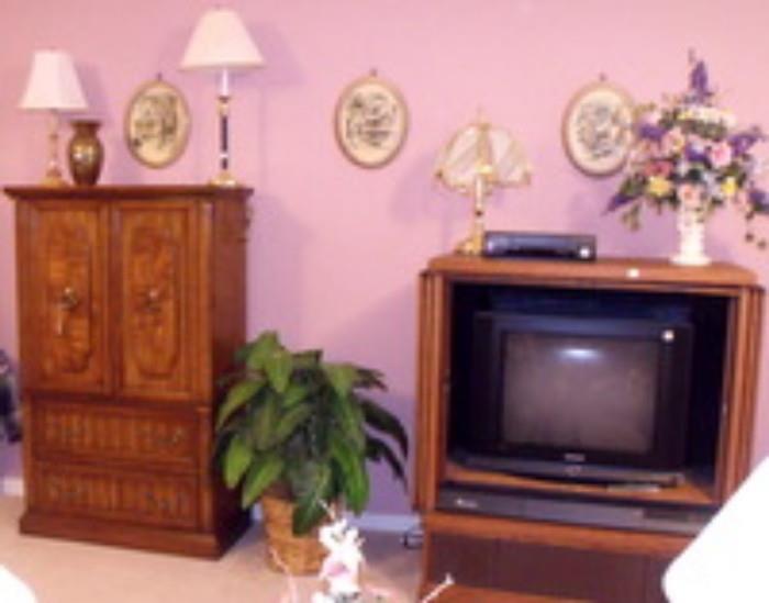 vintage chest of drawers and small entertainment center with television