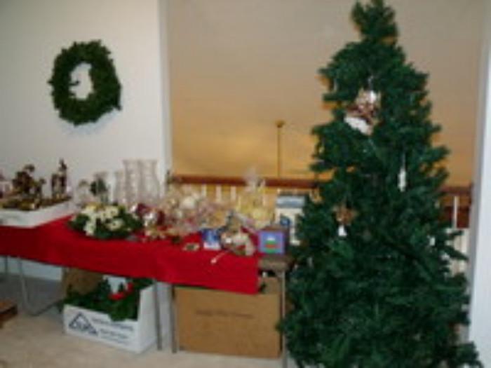 more Christmas decorations, garlands, vintage window candles, wreaths