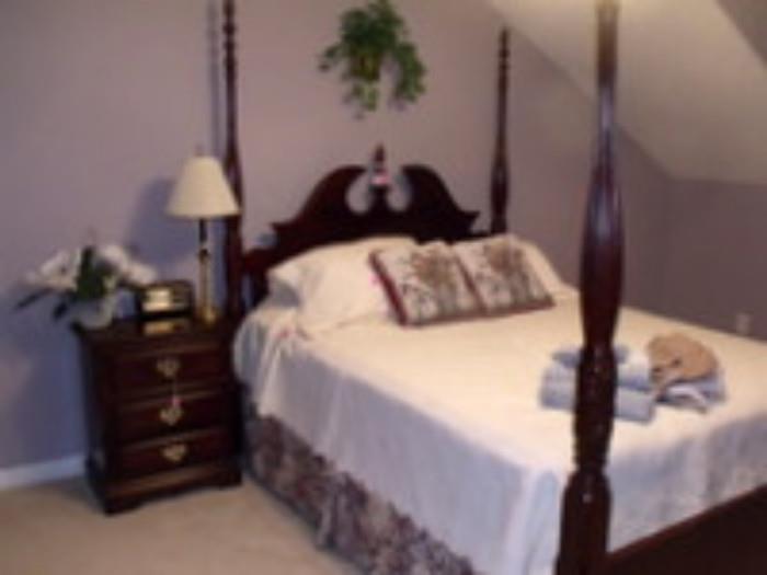 4 poster bed with matching night stand and 2 piece highboy