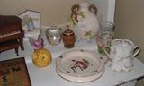 Steuben Apple Paperweight...Doulton dish, Piano Music Box and more