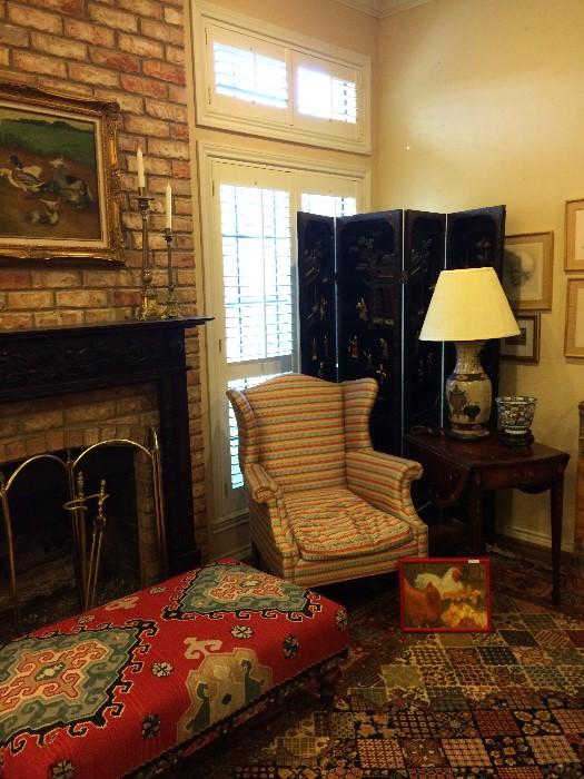 Gorgeous upholstered ottoman; 1 of 2 matching wingback chairs; Asian screen; 1 of 2 matching side tables