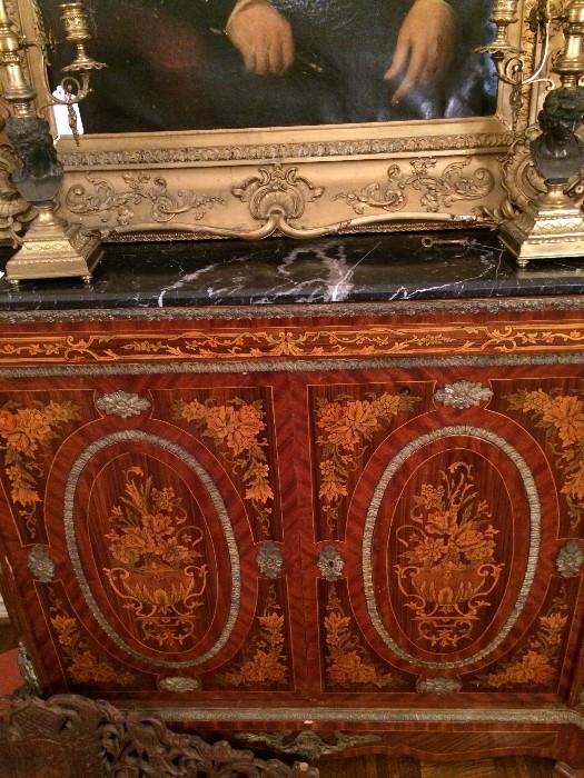 Exquisite antique marble top chest; pair of brass candelabras