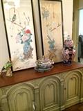 Pale green credenza; Asian framed panels; lovely tureen; temple urn