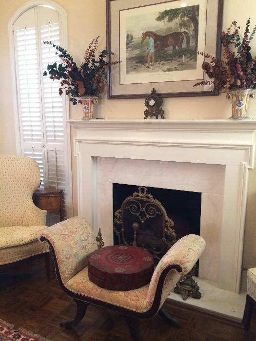 "Irish Birdcatcher" (race horse) framed art, mantel clock,  1 of 2 lovely vases, antique bench