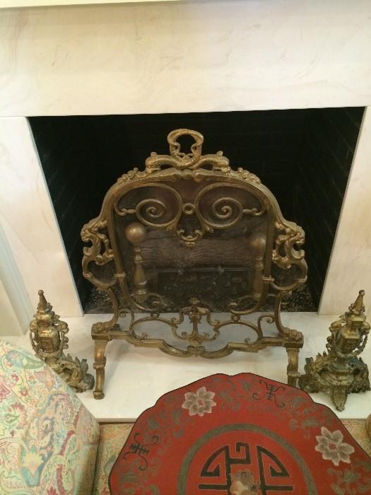  Exceptional andirons & fire screen; red Asian round box