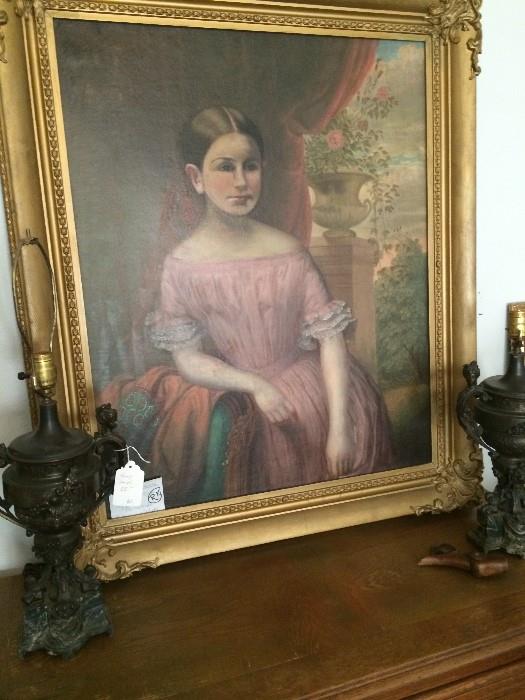 Framed portrait from the estate sale of Mrs. Gertrude Windsor; pair of very old lamps