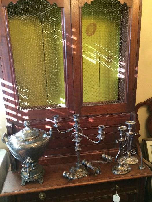 Antique china cabinet and silver & silver plate pieces