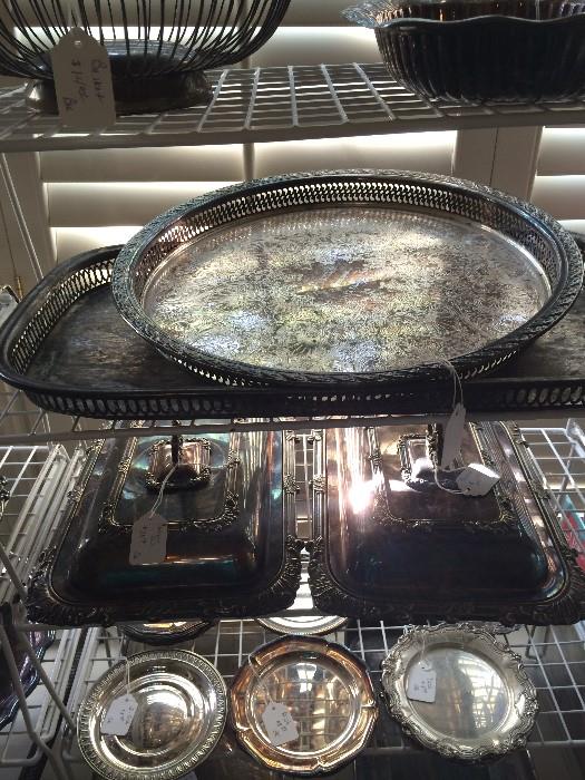 Large assortment of silver plate & silver trays &  plates