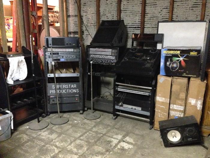 Pa racks, Pa equipment, Ramsa Mixing Board, Lexicon Digital Effects Processor,  Yamaha Power Amp, Tascam Four track, Sony DAT, speakers, dj lights, club lights, mic stands, soundproofing equipment 