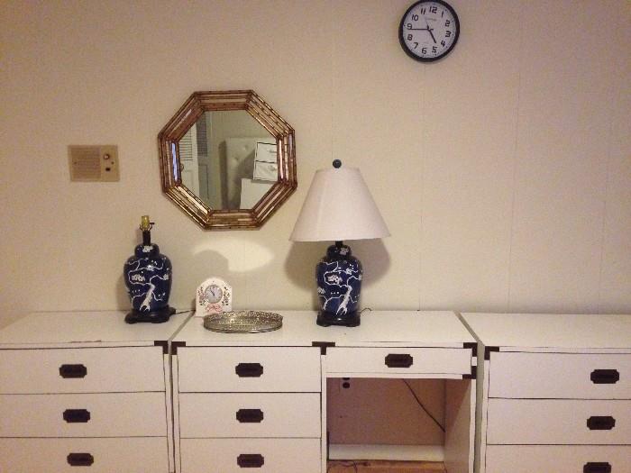 lamps, dressers, mirror, clock