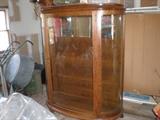 Oak Curved glass antique curio with mirror and shelves