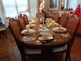 Thomasville dining table w/2 leaves, pads & 8 chairs, Mikasa china, service for 12