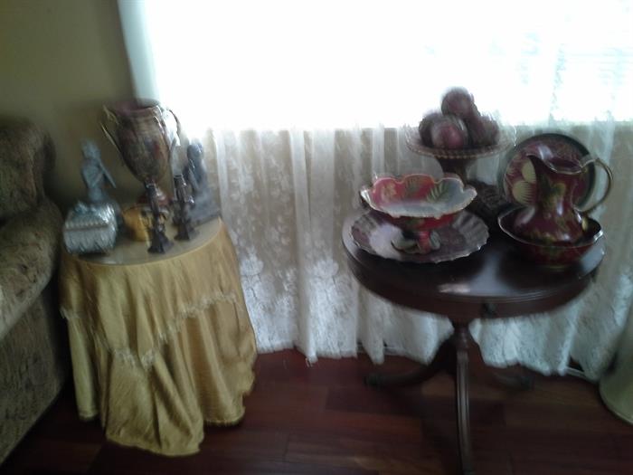 Tables (ROUND WOOD TABLE STILL FOR SALE) and decorative items..ALL 60% OFF